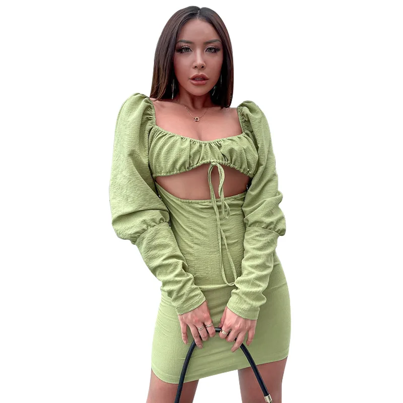 

Casual Women's Dresses 2021 Hollow Out Square-Neck Tie Bustier Crop Top Night Dress Set Body Con Midi Casual Puff Sleeve Dress