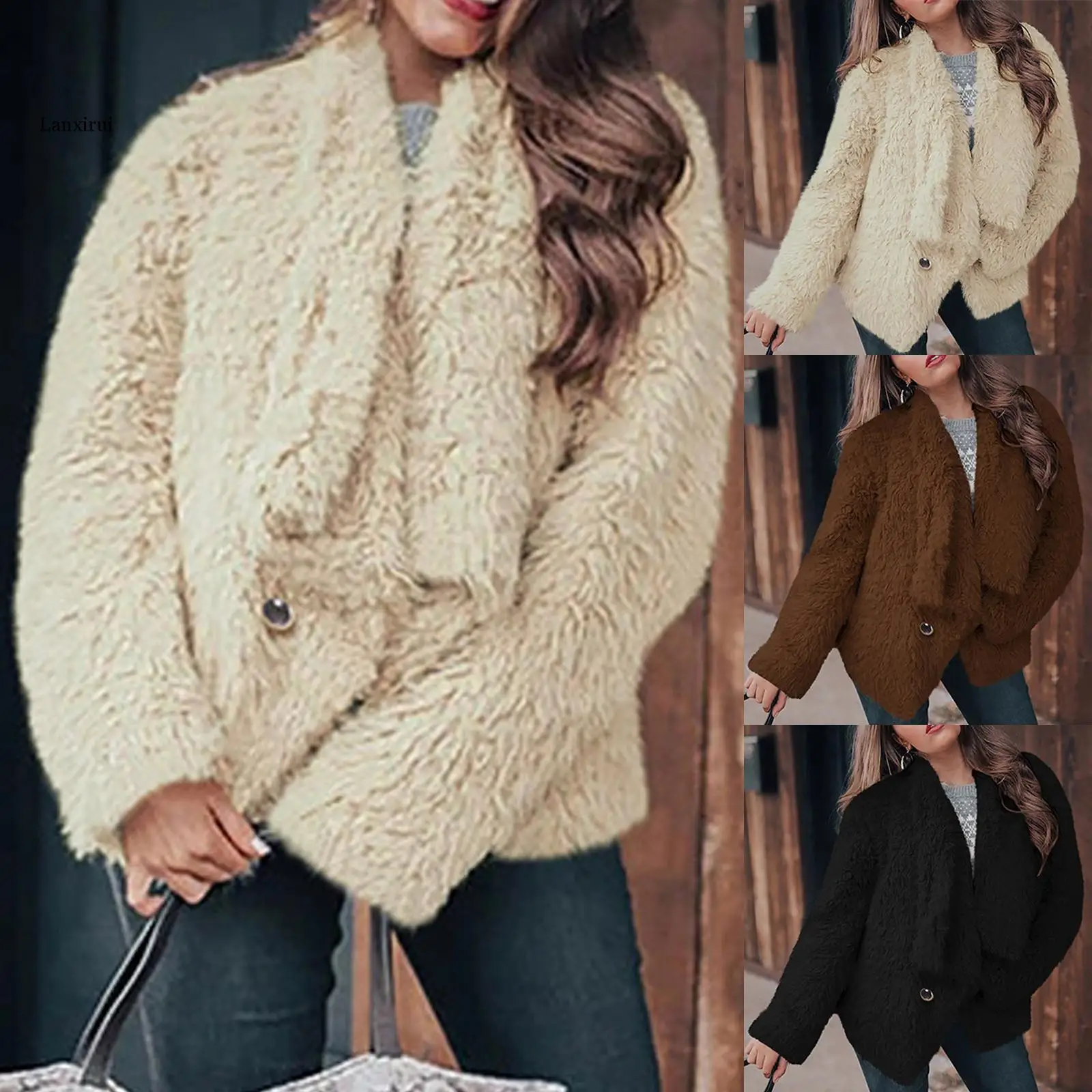 Elegant Womens Ladies Warm Faux-Fur Coat Jacket Plush Overcoat Solid Colors Long Sleeve Thick Casual Cardigan Teddy Outerwear