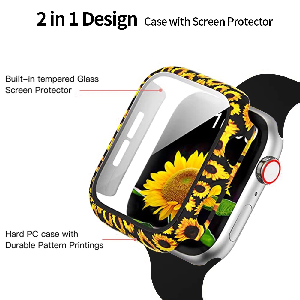 Glass+Case for Apple Watch Cases 44 40 42 38mm Bumper+Screen Protector for iWatch SE 6 5 4 3 2 1 Fashion Water Transfer Process