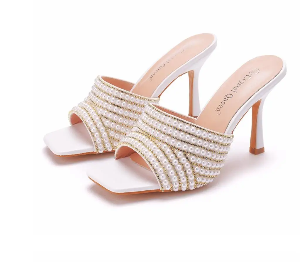 New 9cm square head high heel sandals slippers white pearl beaded women's shoes fashion fish mouth shallow mouth sandals 35-42