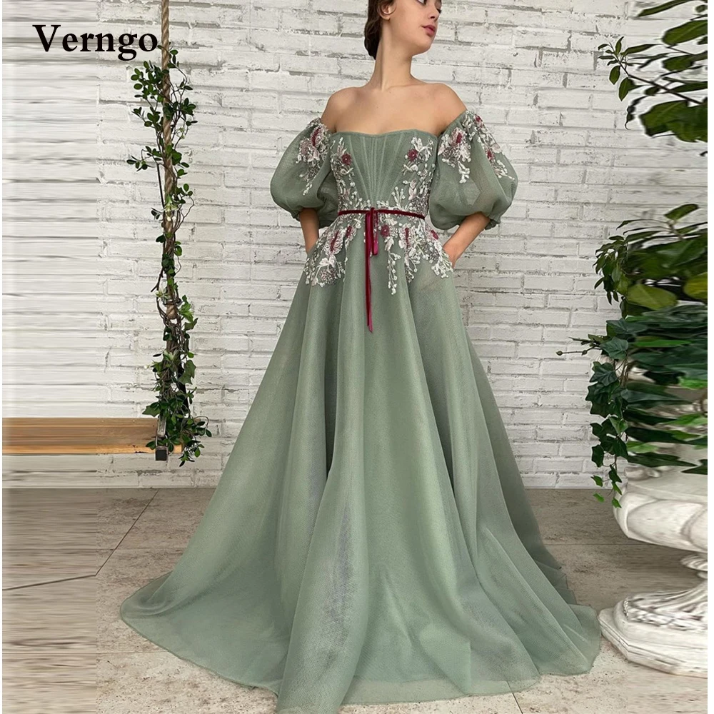 

Verngo 2022 New Design Pale Green Long Evening Dresses Puff Sleeves Strapless Bones Floral Applique Sweep Train Prom Gowns