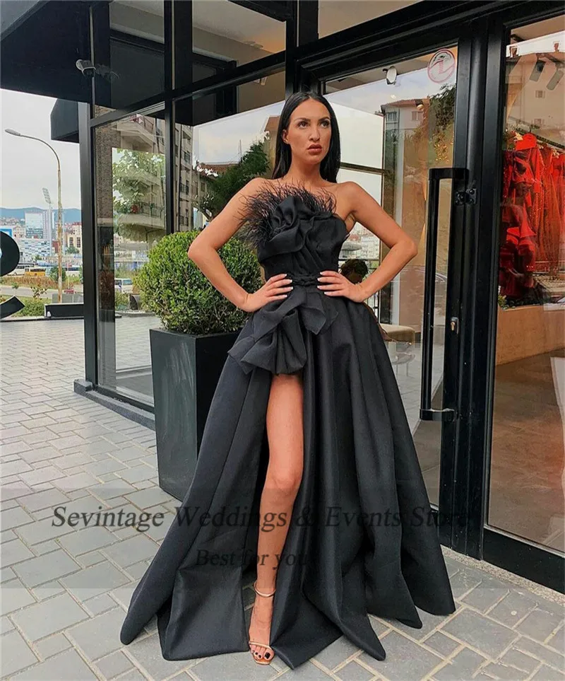 Sevintage Schwarz Hohe Split Abendkleider 2020 Liebsten Feder Drapierte Satin Abendkleid Nach Maß Formales Partei Kleider