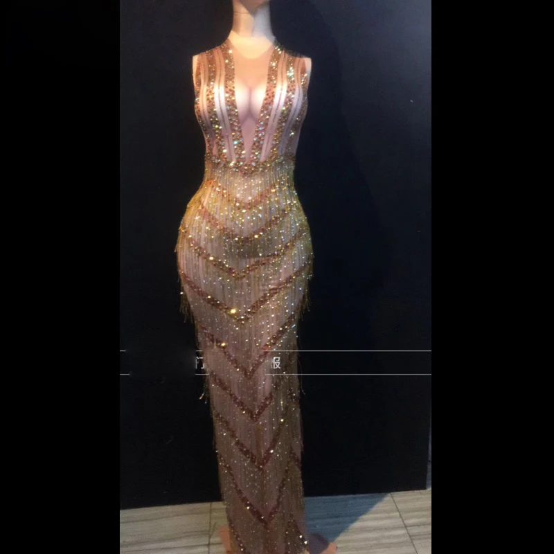 Women Sleeveless Tassel Party Dress Sexy Gold Rhinestones Club Dress Luxury Floor Length Bodycon Dress Singer Stage Costume