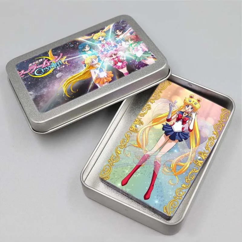 30PCS Sailor Tsukino Game Cards Iron Box Character Table Playing Toys For Family Children Gift