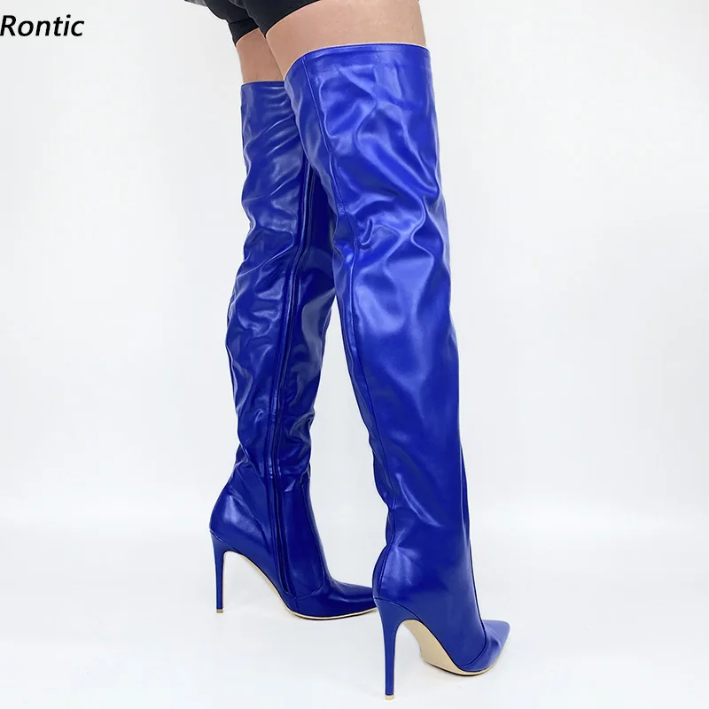 

Rontic New Arrival Women Winter Thigh Boots Full Side Zipper Stiletto Heels Pointed Toe Pretty Blue Party Shoes US Size 5-15