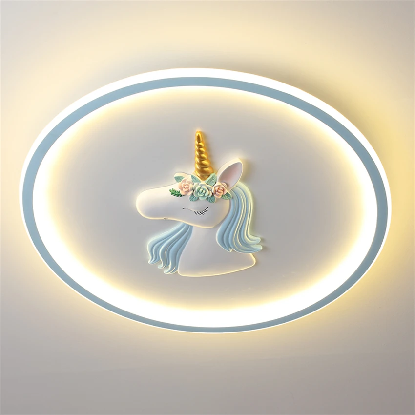 Nordic Round LED Unicorn Ceiling Lights Modern Children's Room Girl Princess Bedroom Study Cartoon Eye Protection Ceiling Lamps