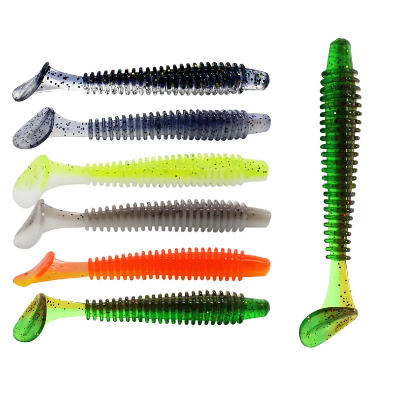 5-10 sztuk/partia miękkie przynęty połowów 50mm/0.9g podwójny kolor spirala T ogon silikonowe przynęty Jig przynęty wobler miękkie robak Pesca połowów przynęty — zdjęcie 3