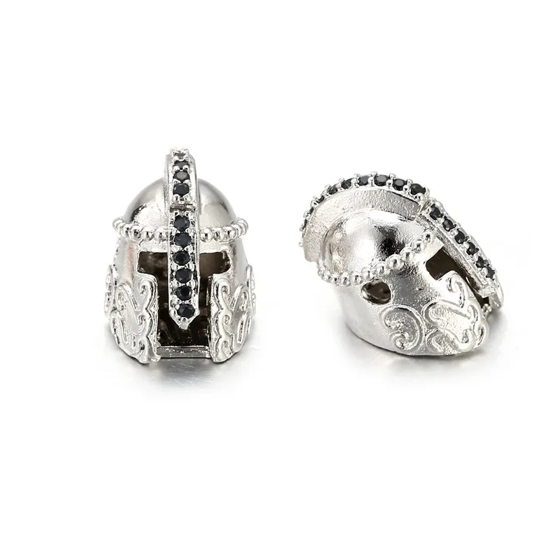 Spartan Knight Helmet Charms Copper Pave Black Cubic Zirconia Beads Pendant for DIY Craft Men Women Bracelet Jewelry Making