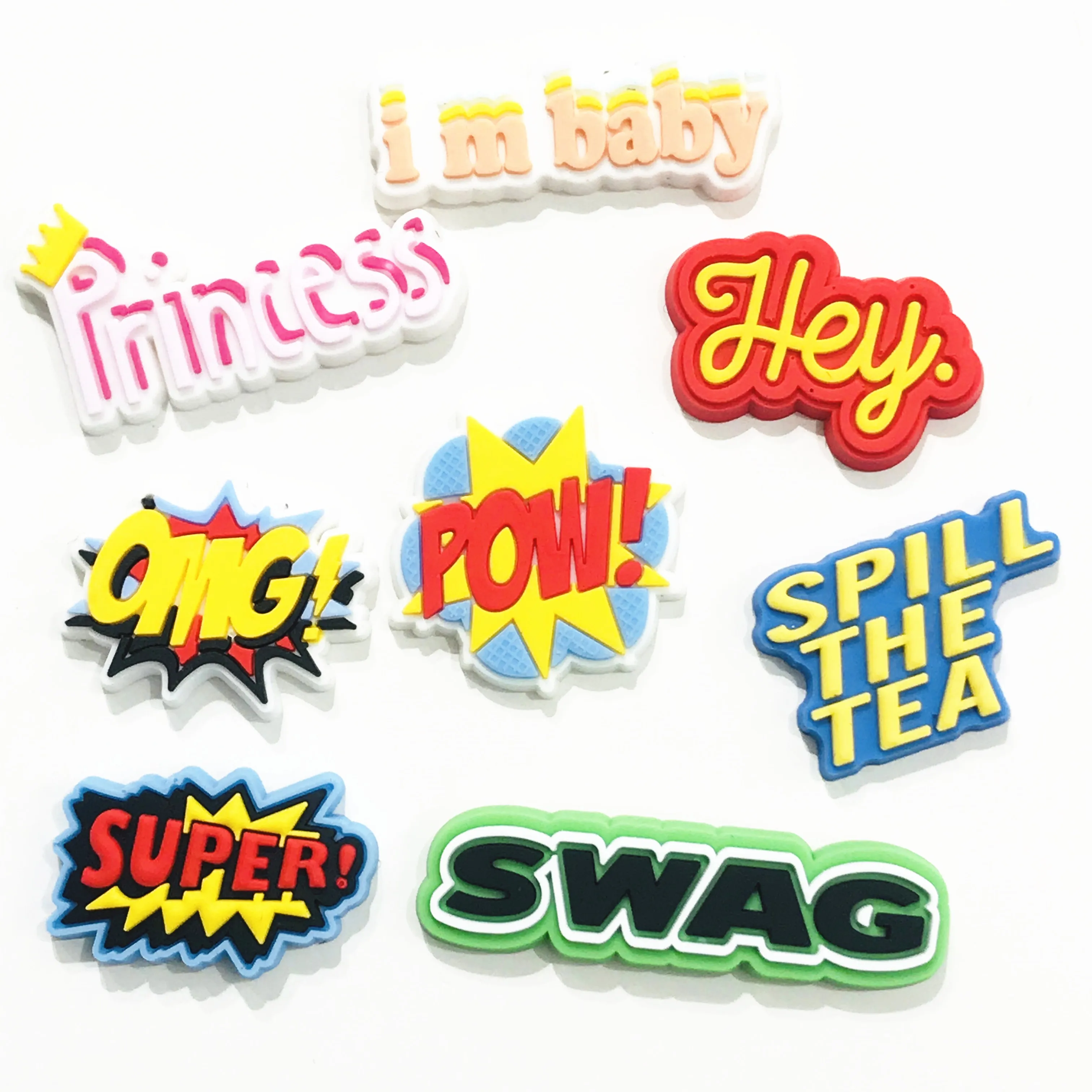 1Pcs Baby English Letters Super OMG PVC Shoe Charms Garden Shoes Accessories Decoration Diy Wristband   Kid's X-mas Gift