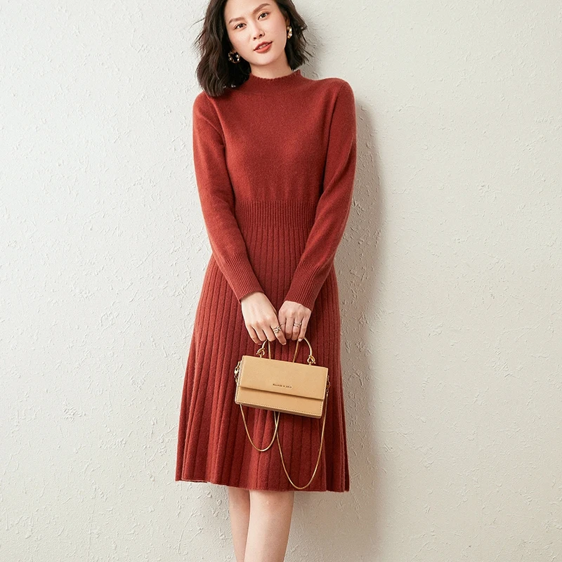 Women\'s Goat Cashmere Knitting Dress, 100% Pure, Winter, New Fashion, Top Grade, 6Colors, Oneck, Women Dress, Hot Sale