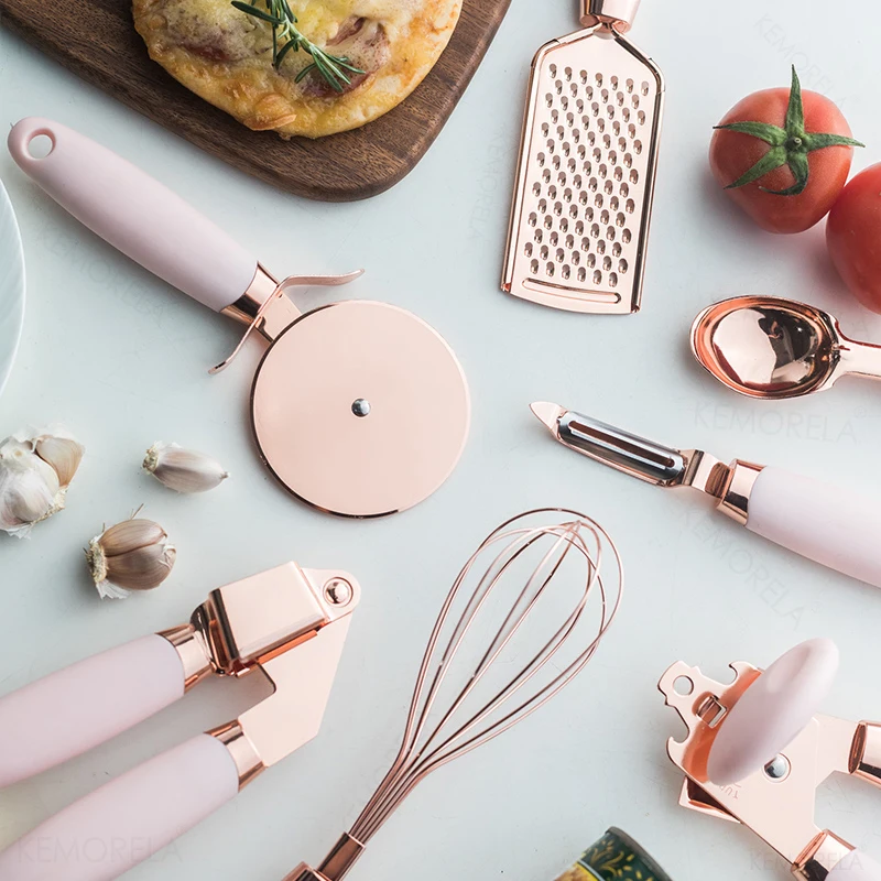 New Kitchen Gadget Set Rose Gold Stainless Steel Garlic Press Cutter Scoop Peeler Cheese Grater Kitchenware Kitchen Accessories