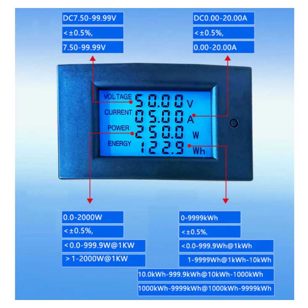 Taidacent DC Multifunctional Electrical IOT Power Meter Panel Mounted 100V/20A Power Monitoring Electrical Digital Energy Meter