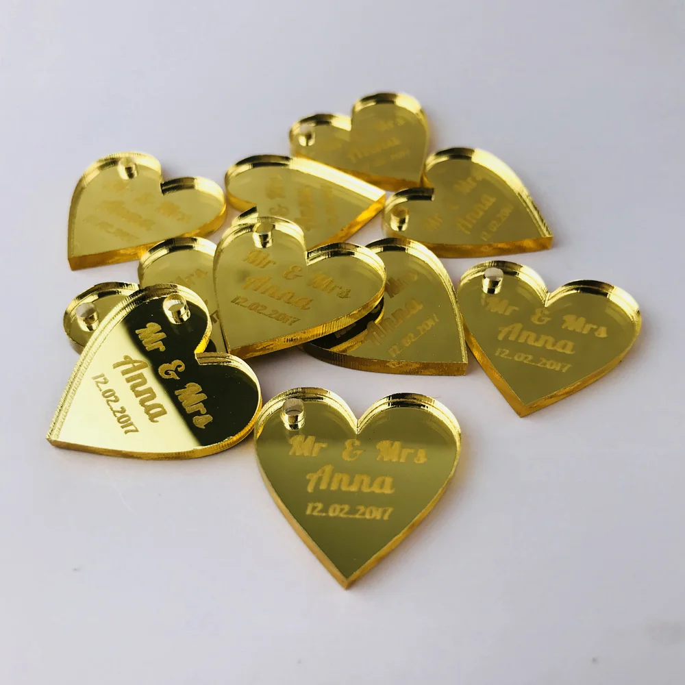 50pcs Custom Mirror silver gold Heart Label Tag Personalized MR MRS Wedding party souvenirs Table Decoration Centerpieces Favors