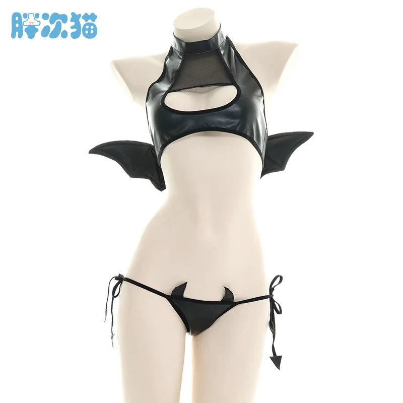 Japanese Womens Devil Cosplay Costumes Sexy Hollow Out Tank with Wings Punk Lolita Anime Bikini Set Wholesale