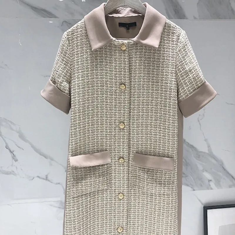 New French Ladies High Qualities Vintage Blazer Tweed Dresses Short Sleeve Single Breasted Square Slim Womens Straight Dresses