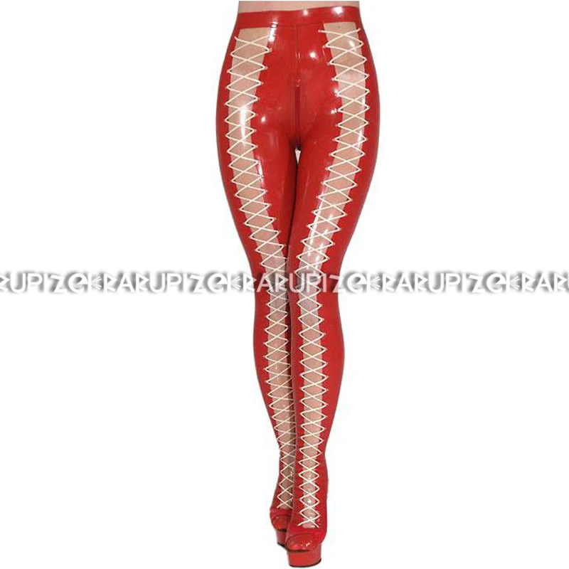 Red And Transparent Latex Leggings With Feet Lacing At Front Crotch Zipper Rubber Pants Jeans Trousers Bottoms CK-0084