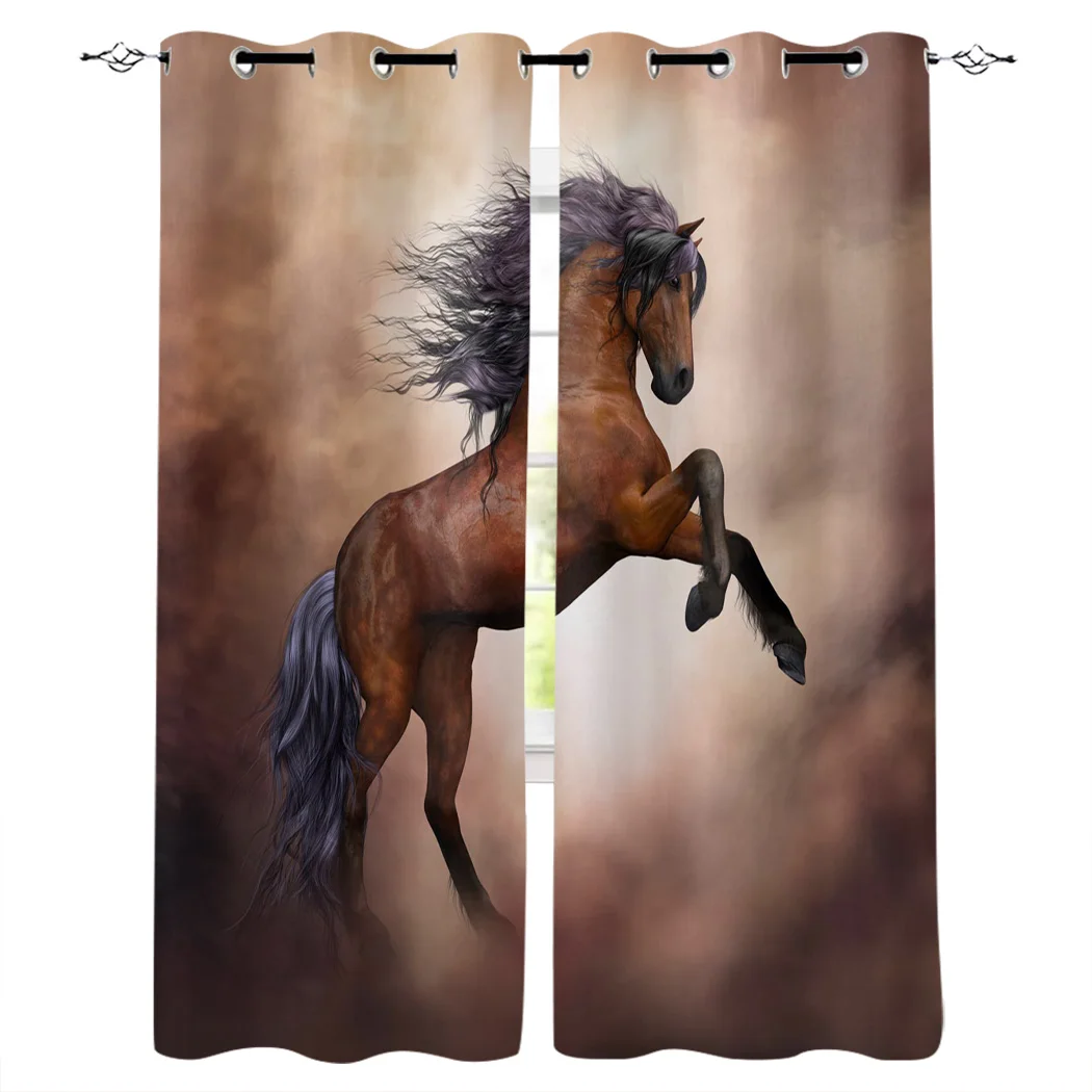 

Running Galloping Horse Brown Window Curtains Living Room Kitchen Curtains for Bedroom Left and Right Biparting Open Curtains