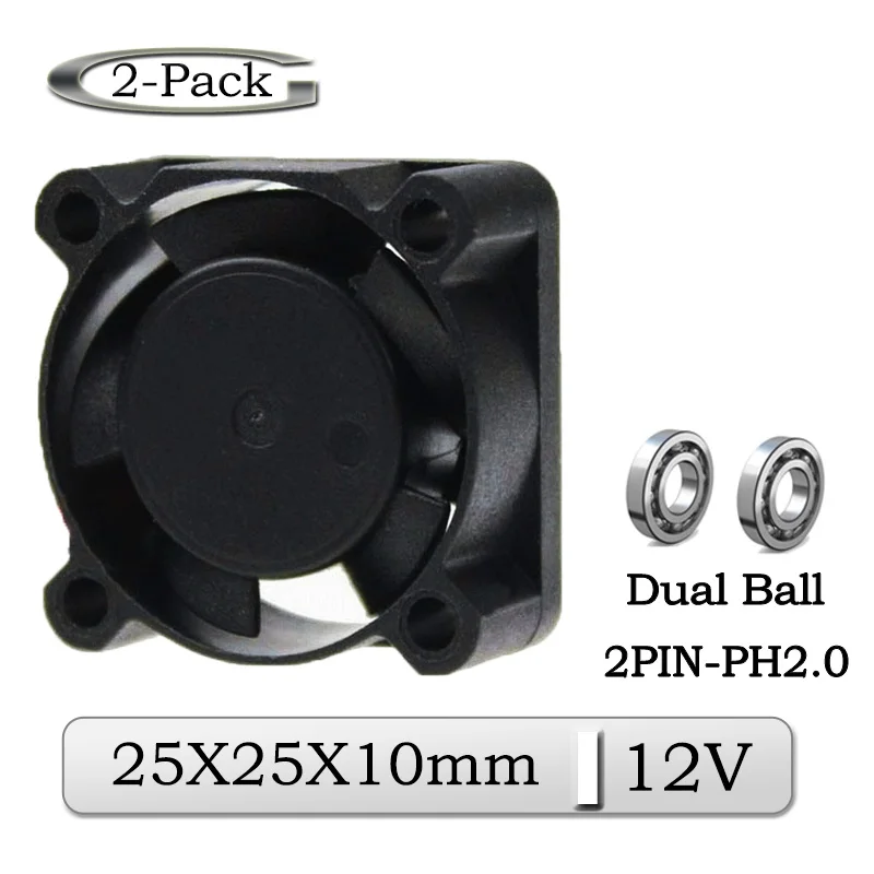 Gdstime 2 Pieces 25mm x 10mm 2.5cm 2510 Ball Bearing 12V DC Small Cooling Fan 25x25x10mm