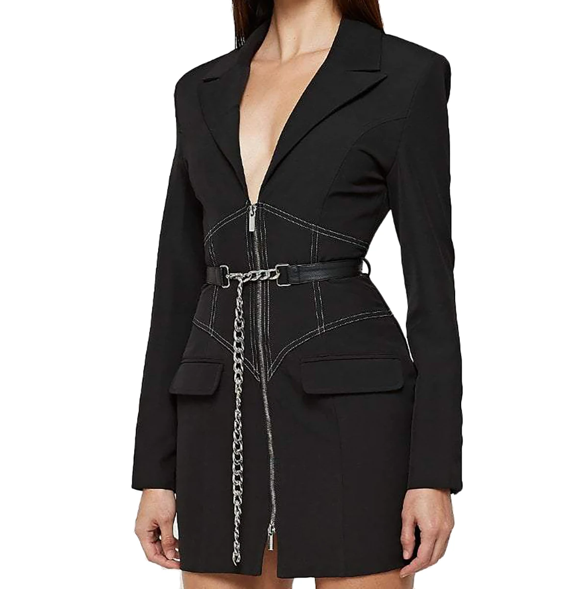 Traje de oficina con cuello en V profundo para mujer, traje Sexy ajustado con cremallera, abrigo negro elegante, Blazer largo, Otoño, 2021