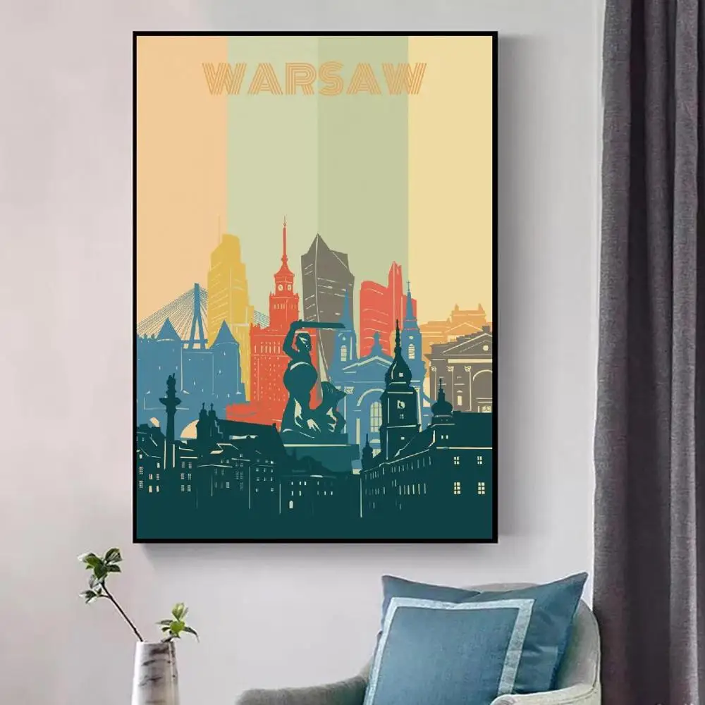 Warsaw City Retro Cityscape Canvas Wall Art Print Modern Poster Wall Pictures Living Room