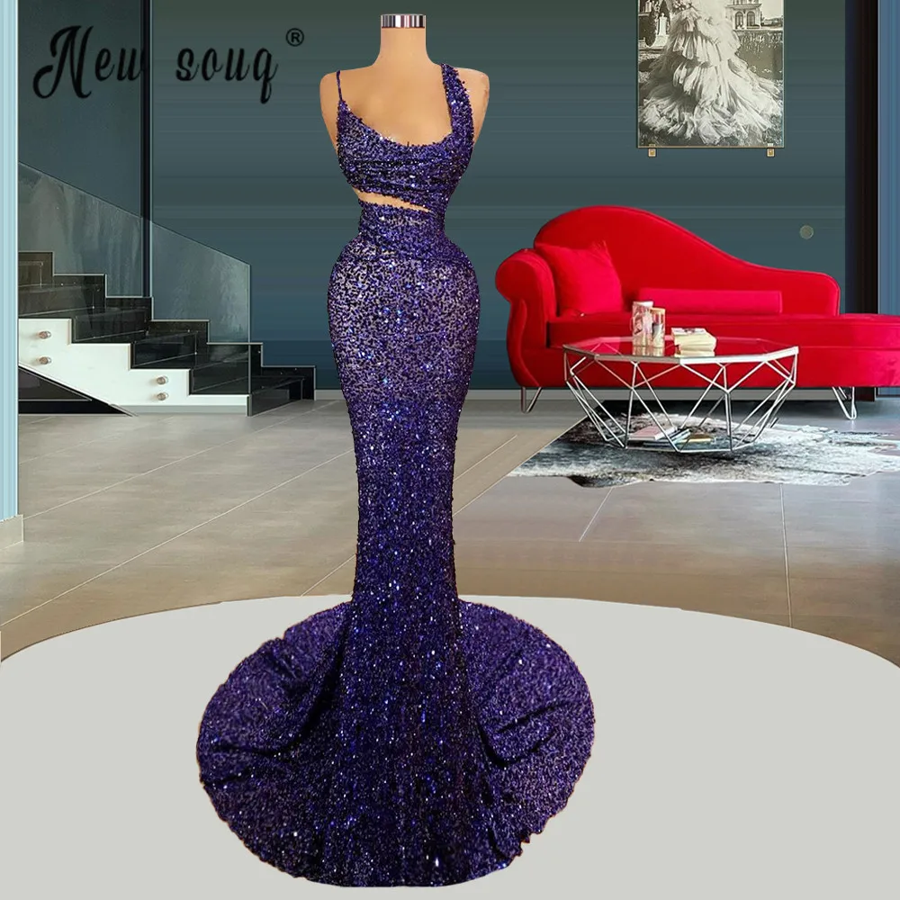 Elegante abito da ballo lungo a sirena viola abiti da festa di nozze senza maniche arabi Abendkleider in rilievo con paillettes Robe de mariee