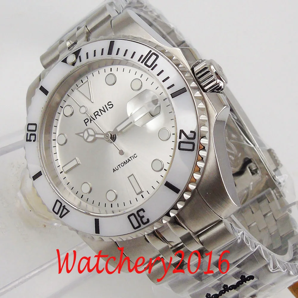 40mm Parnis Silver Dial Sapphire Glass Date White Ceramic Bezel Automatic Movement Mens Watch