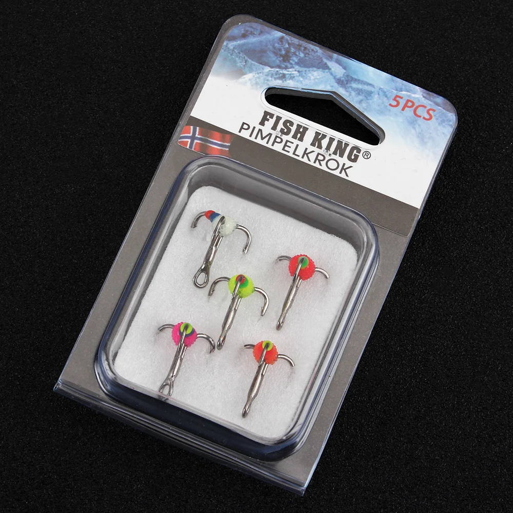 NGB 5pcs/pack High Carbon Steel  Winter ice Fishing Hooks Overturned Barbed Trebles Hooks With Diamond Eye Fishing Tackle