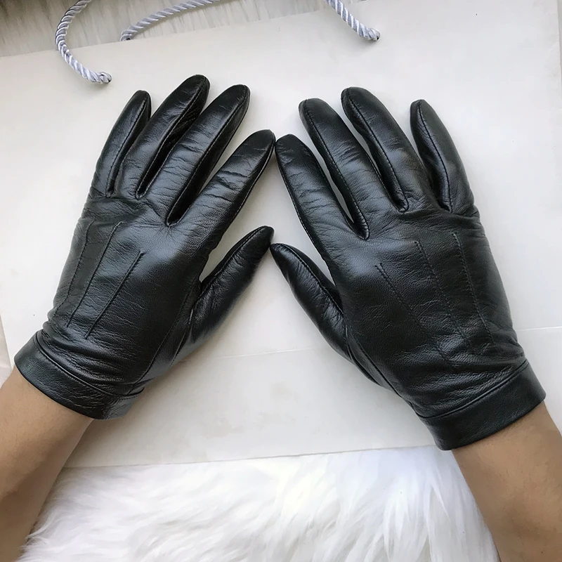 Unlined Gloves Wrist Button Sheep Leather Touch Screen Winter Gloves For Men Black Thin Lining Genuine Leather