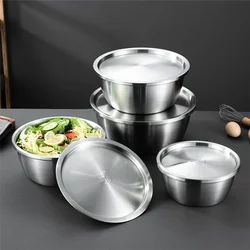 Thicken 304 Stainless Steel Salad Egg Mixing Bowls with Lid Flour Soup Bowl European Kitchen Utensils Vegetable Fruit Basin