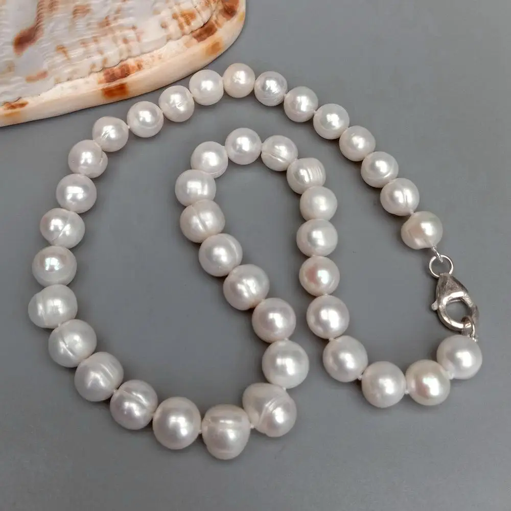 YYGEM Natural Real Cultured White Potato Shape Pearl 10-11mm Necklace 925 Silver Clasp