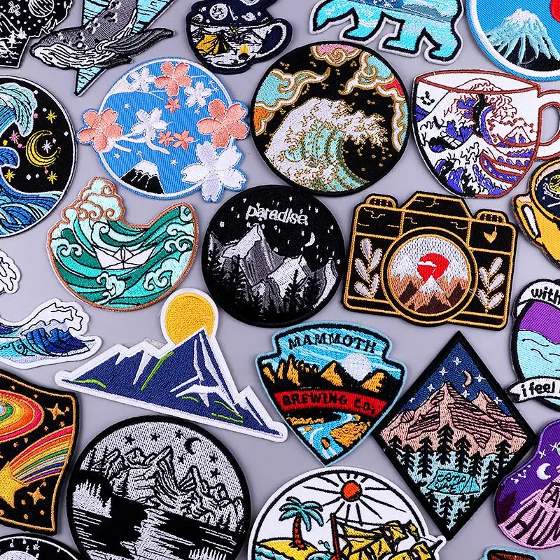 Mountain Waves Patch For Clothing Nature Travel Patches On Clothes DIY Camping Fusible Patch Applqiue Sewing Embroidered Packets