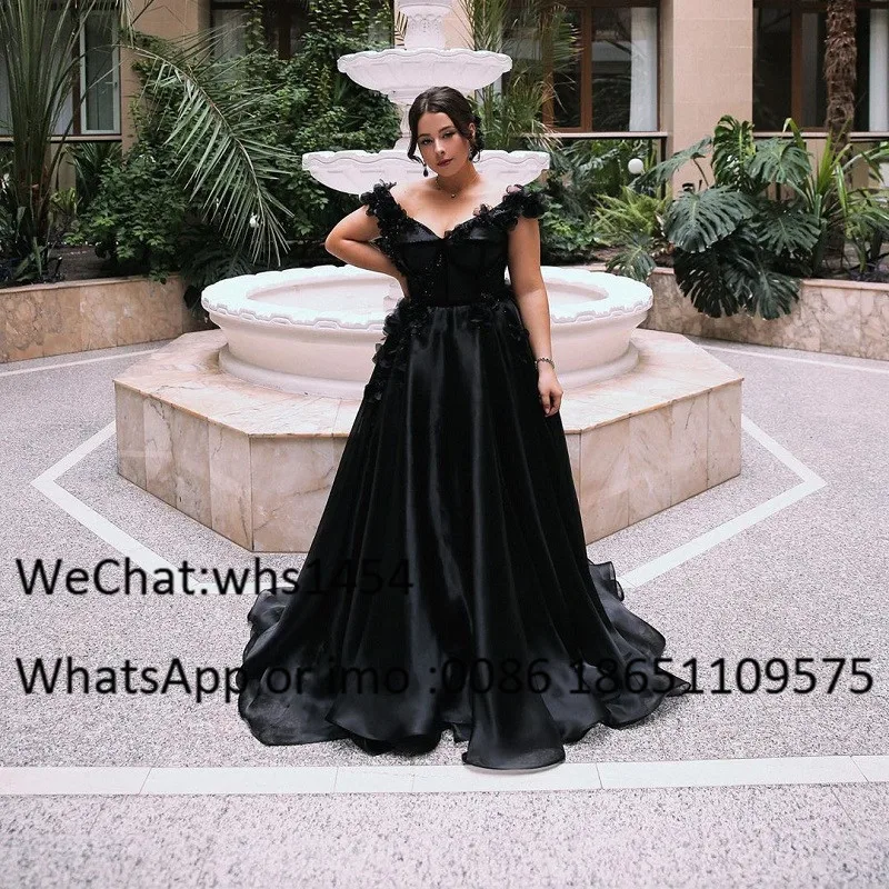 Elegant Black A-Line ชุดพรหมสำหรับผู้หญิง2023ปรับแต่งยาวเซ็กซี่ V-Neck Organza ชุดราตรีดอกไม้ Vestido De Festa