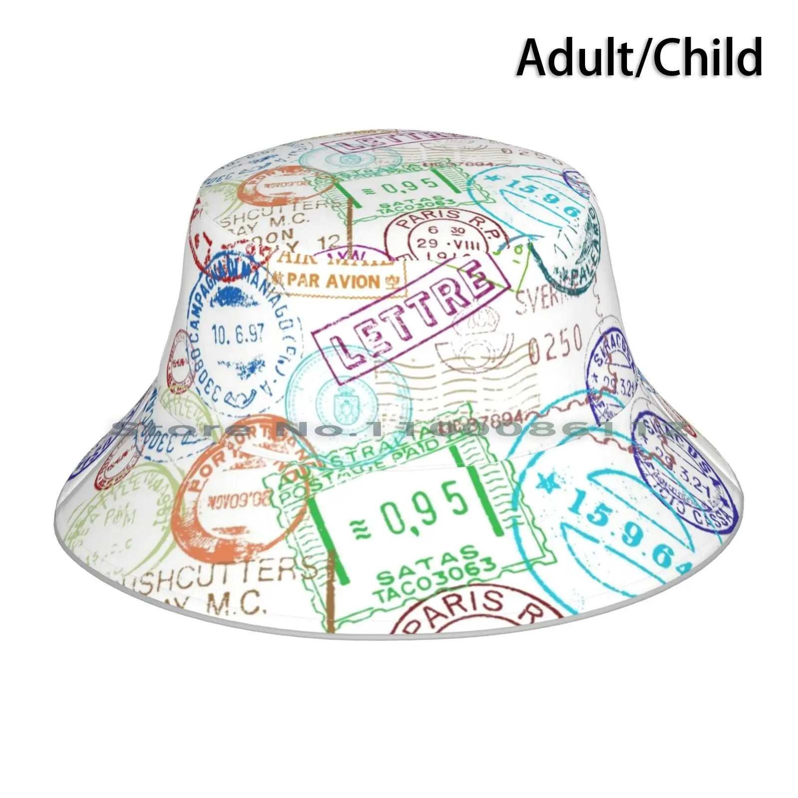 Colorful Postal Stamps Bucket Hat Sun Cap Passport Entry Travel Wanderlust Explore Adventure Airplane Fly Train Vagabond