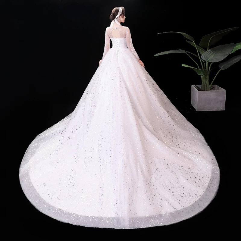 AnXin SH princess sparkly white lace vintage silvery star sequins o neck long sleeve illusion bride customized wedding dress