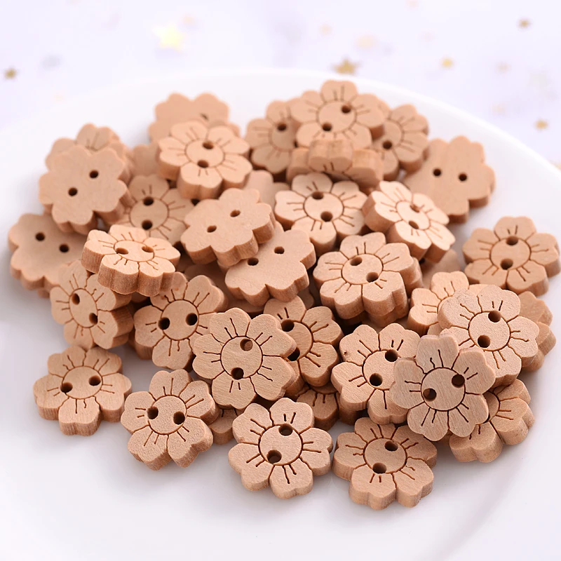 Hot 20/50Pcs Natural  Wooden Sewing Buttons 2 Holes Cute Solid Color Flower Shape Buttons Scrapbooking Garment DIY Accessories