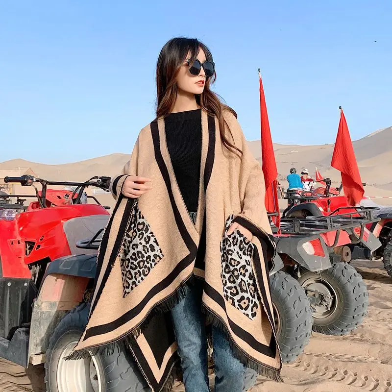 Fashion Women Leopard Print Cashmere Scarf With Pocket Winter Poncho Shawl Travel Blanket Scarves Pashmina Echarpe Mujer Bufanda