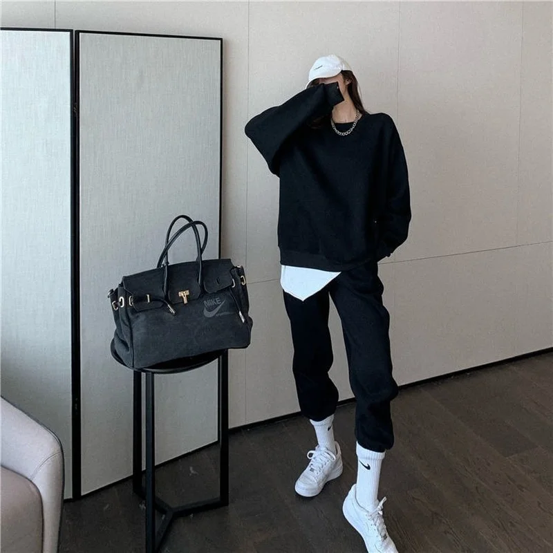 Korean Black Tracksuit Women Spring Autumn Loose Crewneck Sweatshirts+High Waist Elastic Sweatpants Two Piece Sets Female M-4XL