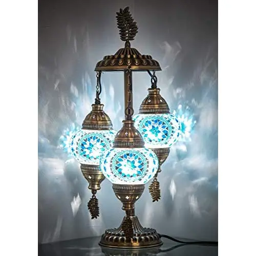 LaModaHome 2020 Stunning 3 Globe English Moroccan Bohemian Table Desk Bedside Night Lamp Light Lampshade with North American Plu