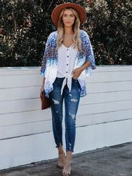 Gradient Blue Cardigan Chiffon Kimono Summer Tie Dye Ocean Design Wheat Pattern Bohemia Casual Women Trend Short Light Coat