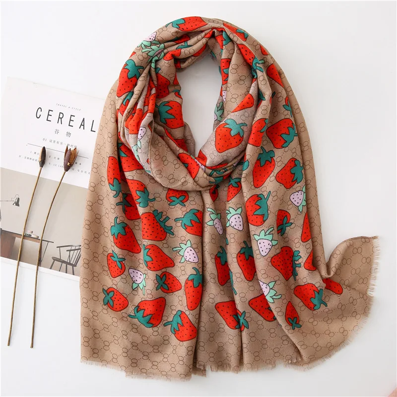 

2020 New Spring Autumn Cute Style Red Strawberry Cotton Scarf Women's Long Summer Travel Sunscreen Shawl