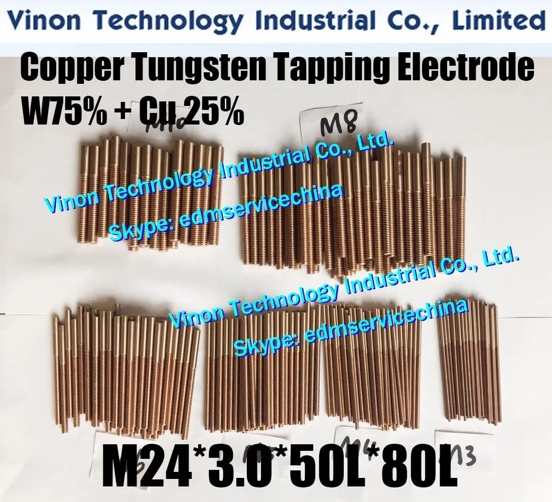 5PCS M24*3.0*50L*80Lmm CUW75 Copper Tungsten Orbital Tapping Electrode for edm W75 tungsten copper thread electrode with hole