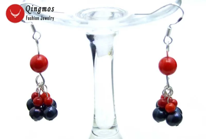 Qingmos Fashion 5-6mm Black Round Natural Pearl Earrings for Women with 3-5mm Red Coral Dangle Earring Hook 1.5'' Jewelry ear532