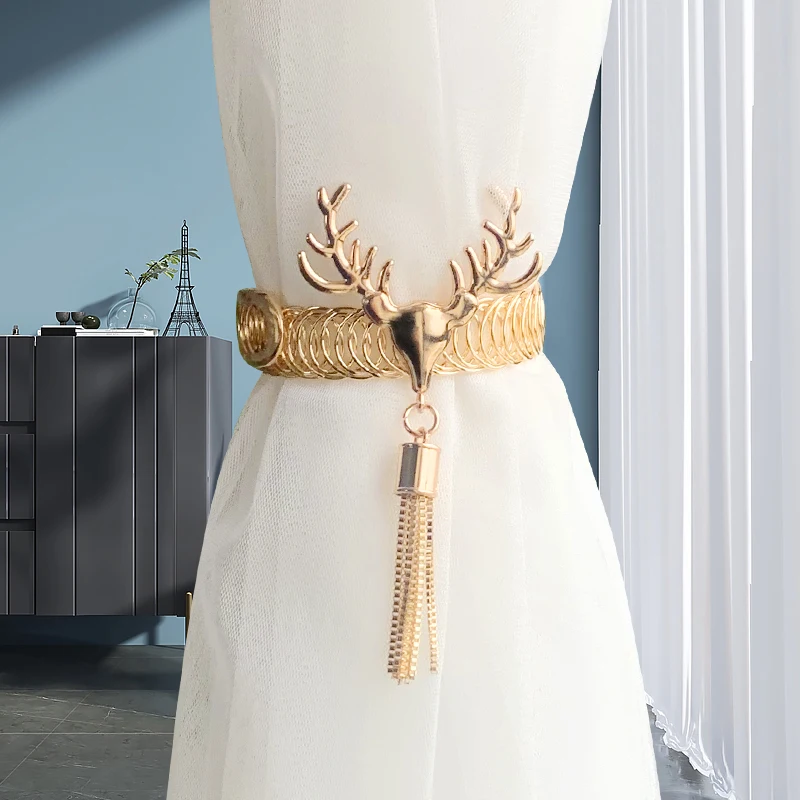 

Creative Nordic Light luxury style metal deer head hanging tassel curtain buckle curtain strap home soft decoration strap on