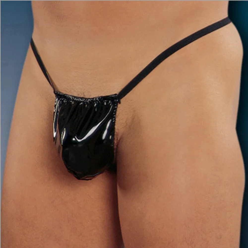 Mens Thongs And G Strings Sexy Low Rise Faux Leather Thong Pouch Underwear G-string Open Buttock T-back Underpants Bikini