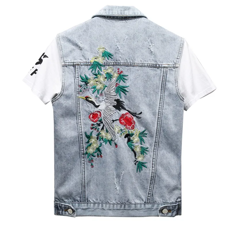 Harajuka Embridery Hole Ripped Mens Denim Vest Coats Single Breasted Vintage Sleeveless Slim Fit Male Fashion Jackets Plus Size