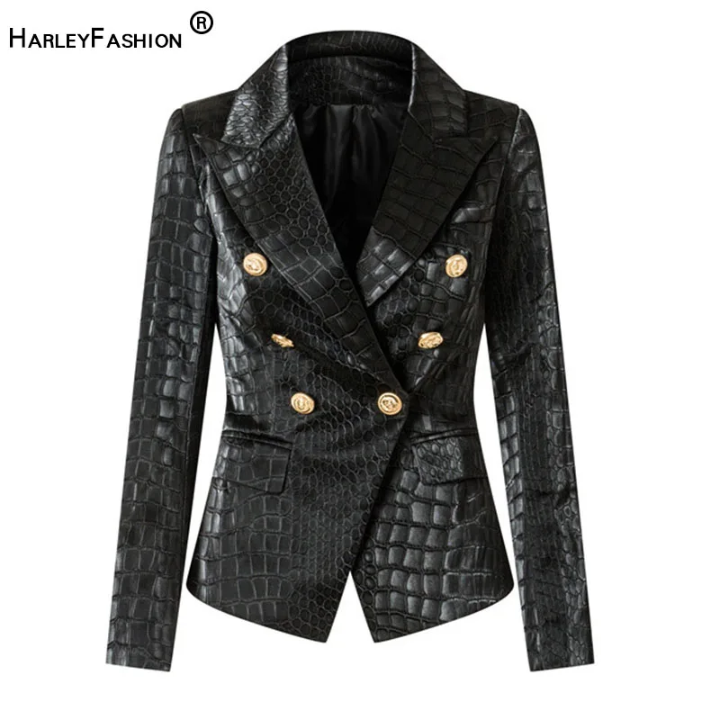 Blazer negro de cuero con patrón de cocodrilo Animal para mujer, diseño único, botones de doble botonadura, chaquetas de calle lujosas de PU