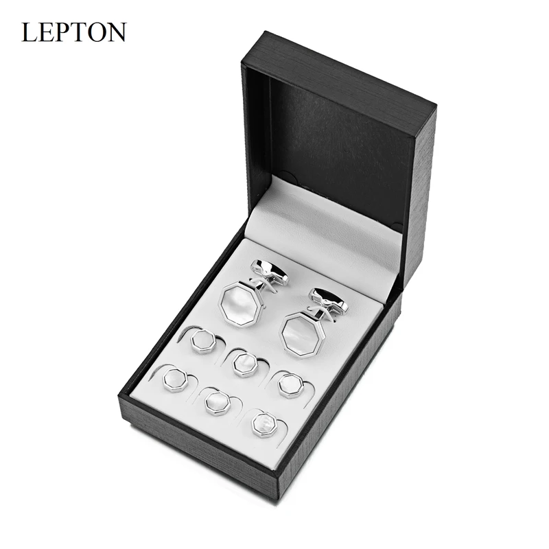 Lepton Mother of Pearl Cufflinks tuxedo studs Sets Fashion Shell Cufflink Collar Studs Cuff links Men Jewelry Drop Shipping