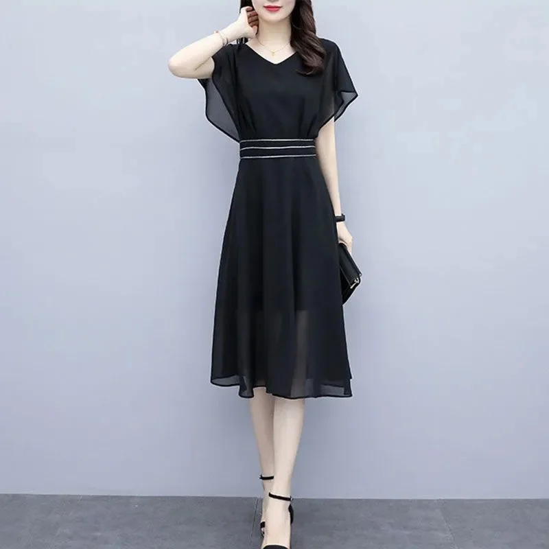 

Summer Women Plus Size Loose Chiffon Black A-Line Dress V-Neck Batwing Sleeve Temperament Slim Thin Female Casual Dresses RE2105