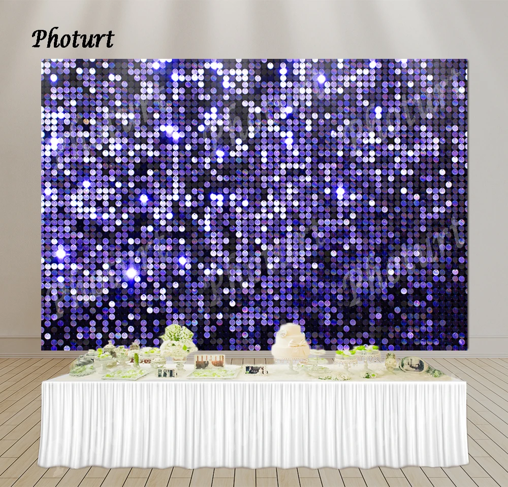 PHOTURT Glitter Backdrop for Retro 80s 90s Disco Party Purple Silver Sequin Portrait Photoshoot Photography Background Picture