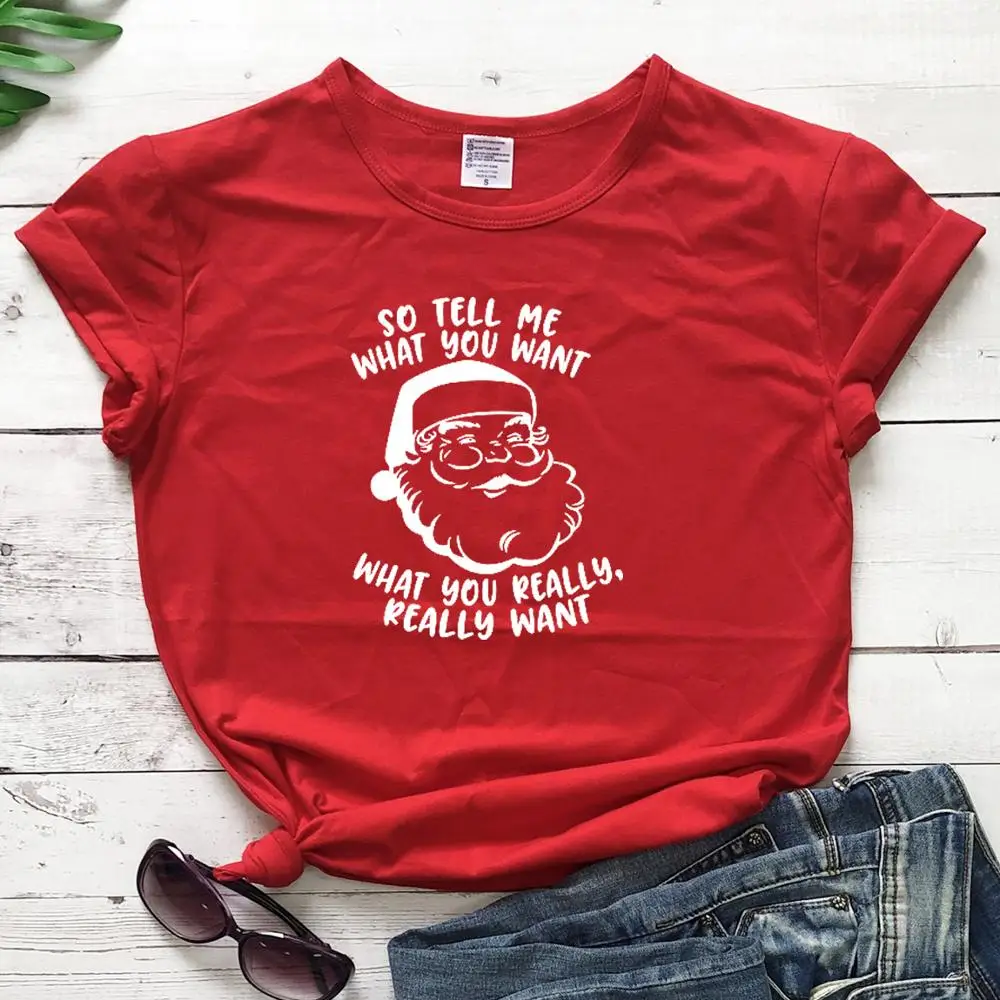 Casual Pure Cotton Christmas Tees Art Top Tell Me What You Really Want New Fashion Cute Santa Avatar Letter Print Women T-shirts